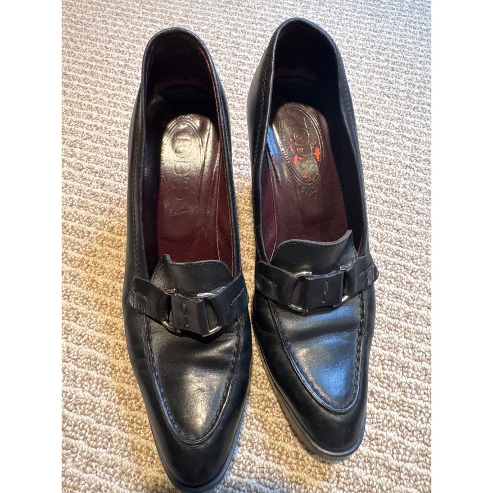 Tod's Black Leather Heeled Loafers Pumps‎ Block Heel Tonal Hardware